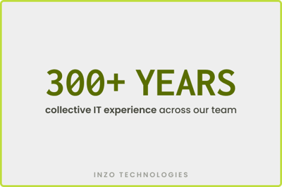 Graphic reading ‘300+ years collective IT experience across our team’ with the Inzo Technologies name listed along the bottom on a light background with a green border.