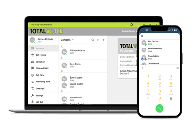 Illustration of a business communication app shown on a laptop and smartphone. The laptop displays a contacts dashboard with a sidebar menu and a list of names, while the phone shows a dial pad and a recent contacts list. The app branding reads “Total Voice.”