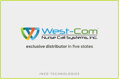 West-Com Nurse Call Systems, Inc. logo with the text “exclusive distributor in five states” centered on a light gray background, with “Inzo Technologies