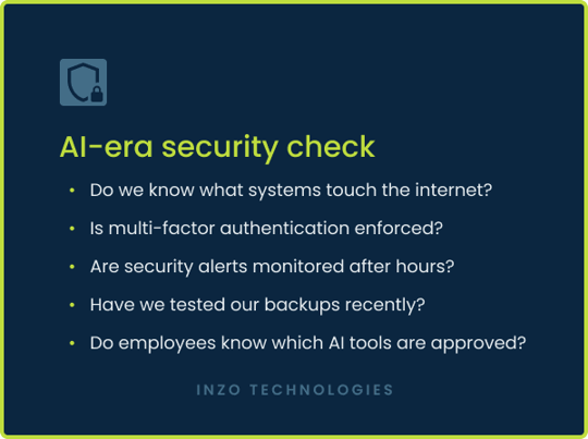 Checklist of five cybersecurity questions for small businesses reviewing AI-era security risk.