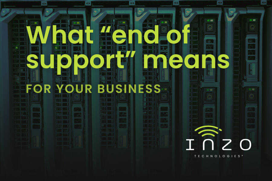 Blog graphic titled “What 'end of support' means for your business” over a darkened photo of a server rack