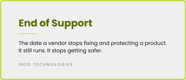 Definition of end of support: the date a vendor stops fixing and protecting a product. It still runs. It stops getting safer.