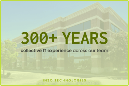 Graphic reading ‘300+ years collective IT experience across our team’ with the Inzo Technologies name listed along the bottom on a light background with a green border.