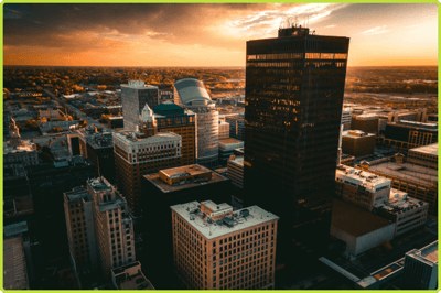 Image of the downtown city skyline of Des Moines, Iowa, at sunset