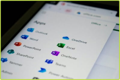 A close-up of a Microsoft 365 apps menu showing icons for Outlook, Word, PowerPoint, SharePoint, Yammer, OneDrive, Excel, OneNote, Teams, and Power Automate on a screen.