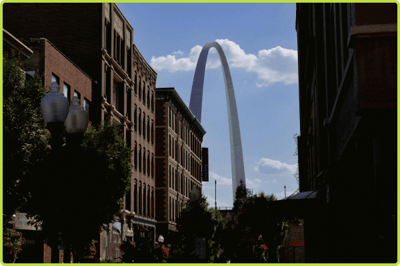 Image of the St. Louis arch framed between downtown buildings in St. Louis, Missouri
