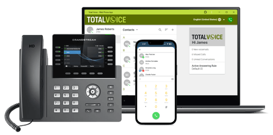 Total Voice UCaaS mockup featuring a Grandstream desk phone, mobile app, and desktop interface for unified business calling and communications.