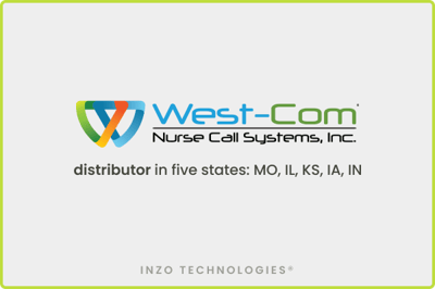 West-Com Nurse Call Systems, Inc. logo with the text “distributor in five states: Missouri, Illinois, Kansas, Iowa, Indiana” centered on a light gray background with “Inzo Technologies